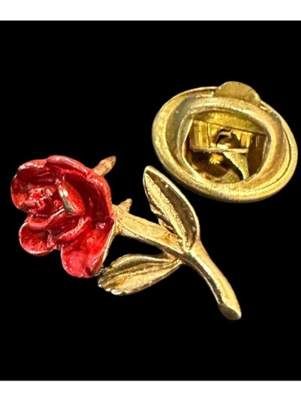 Vintage Gold & Red Rose Lapel Pin With Secure Clutch Back